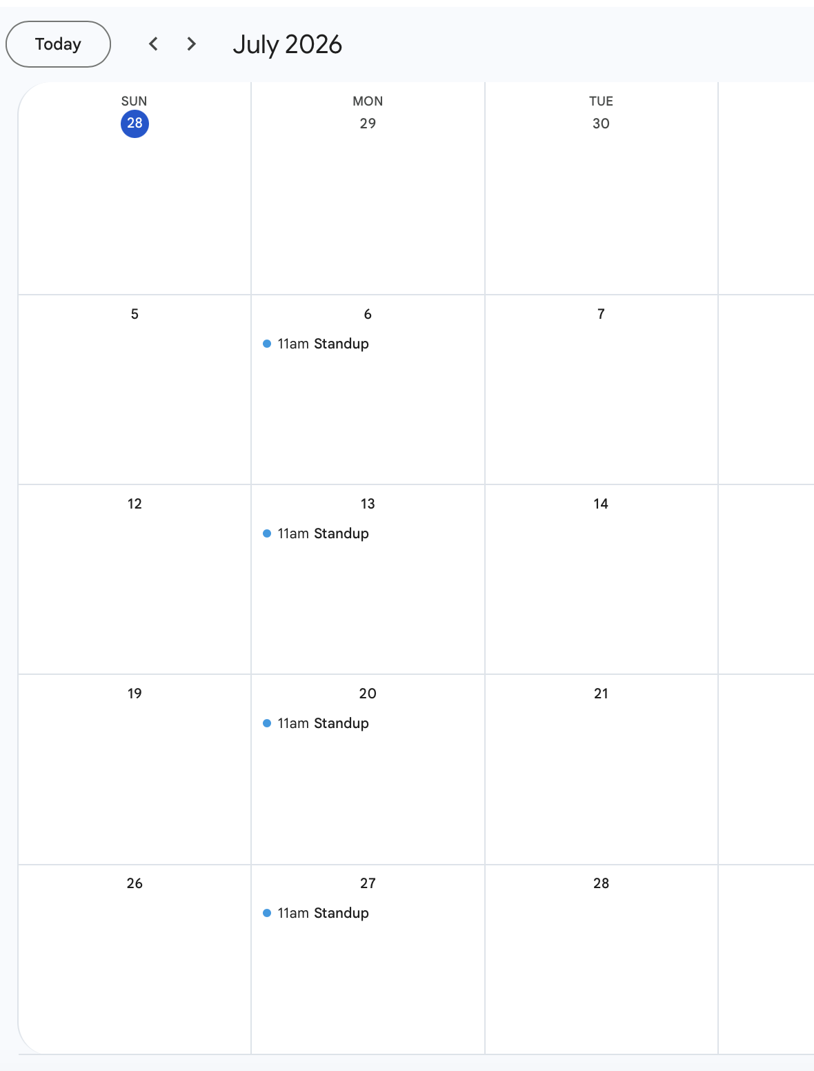 Google Calendar, July 2026 month view, with a standup event on every Monday — the 6th, 13th, 20th and 27th.