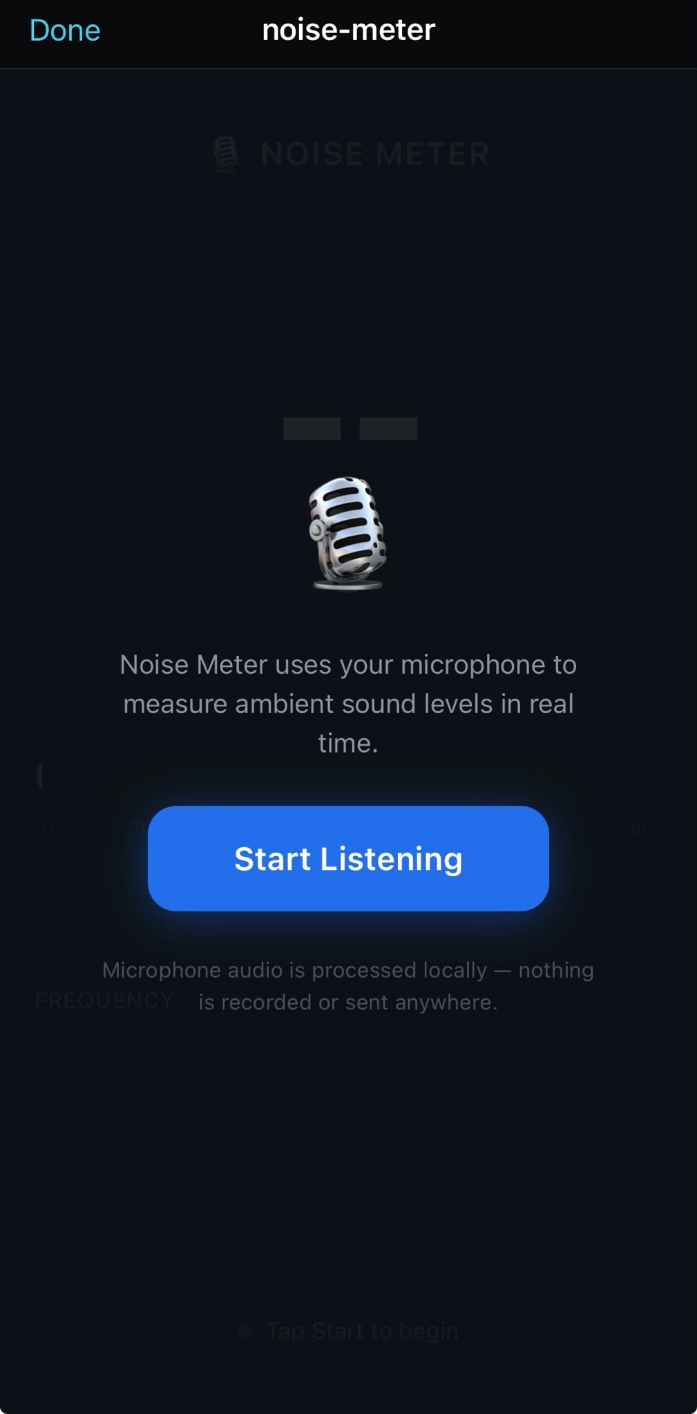 A running mini app titled noise-meter: a microphone, a description that it measures ambient sound in real time, and a Start Listening button.