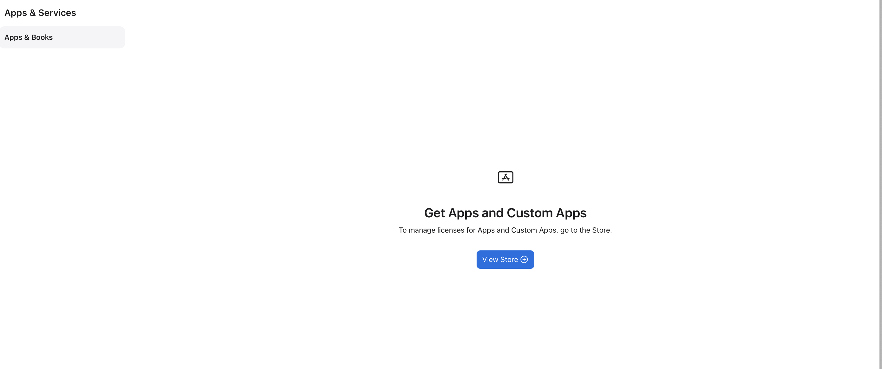 The Apps & Services section of Apple Business, showing Apps & Books with an empty state reading "Get Apps and Custom Apps" and a View Store button.