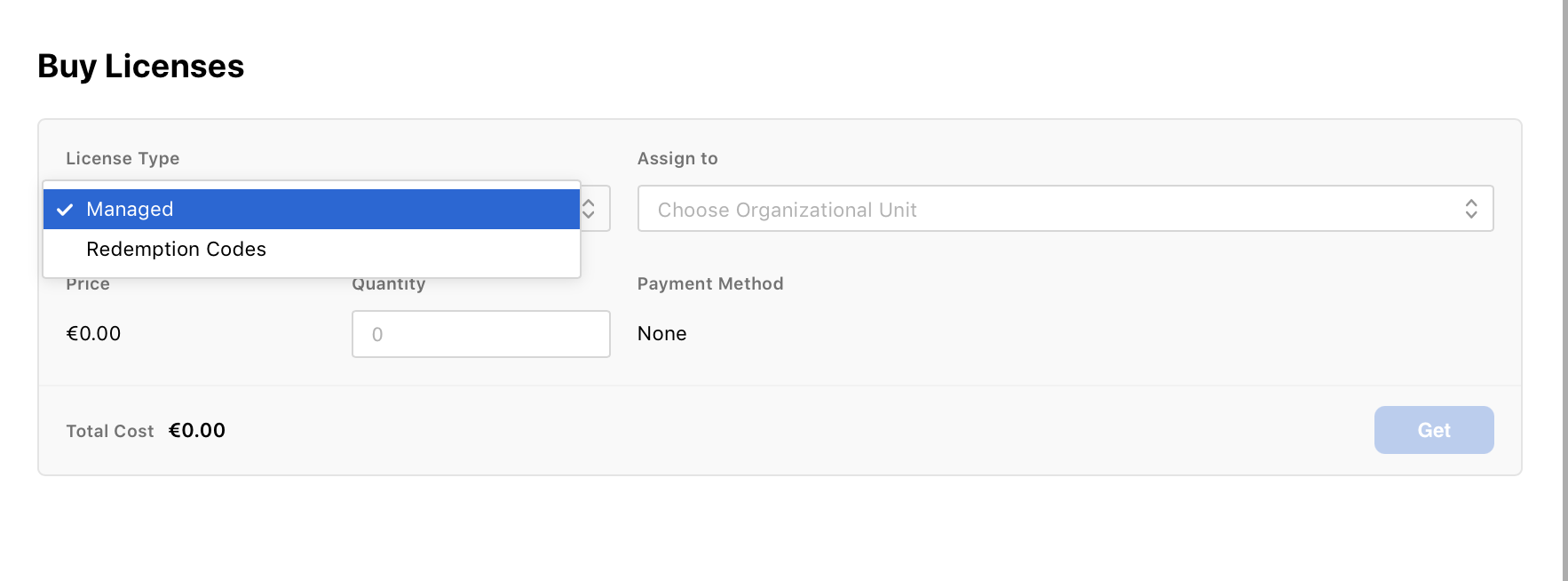 The Buy Licenses panel in Apple Business, with the License Type dropdown open showing two choices, Managed (selected) and Redemption Codes, alongside fields for Assign to organizational unit, price, quantity and payment method.