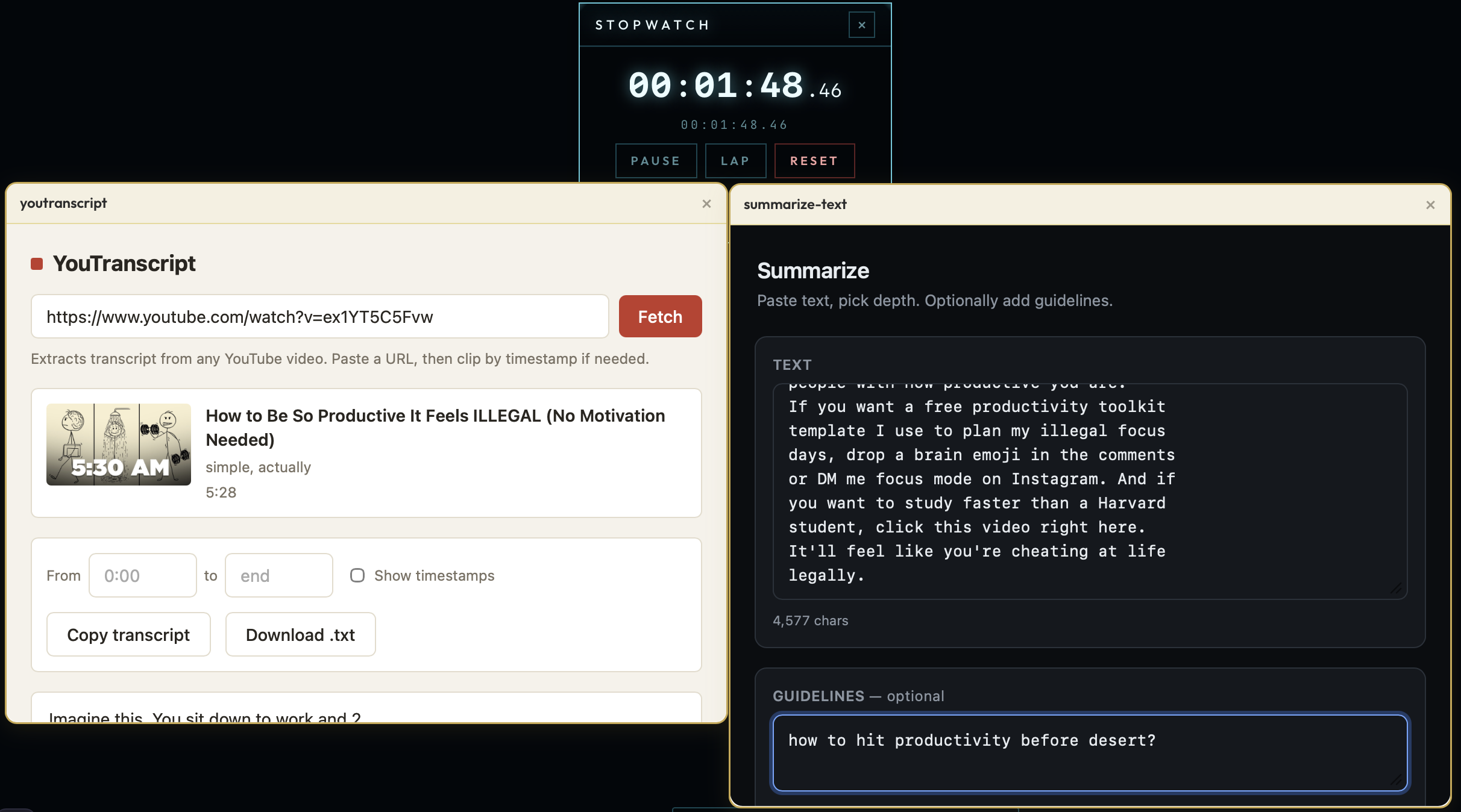 Two self-made plug-ins — a YouTube transcript fetcher and a summarize-and-query card — open beside the built-in stopwatch