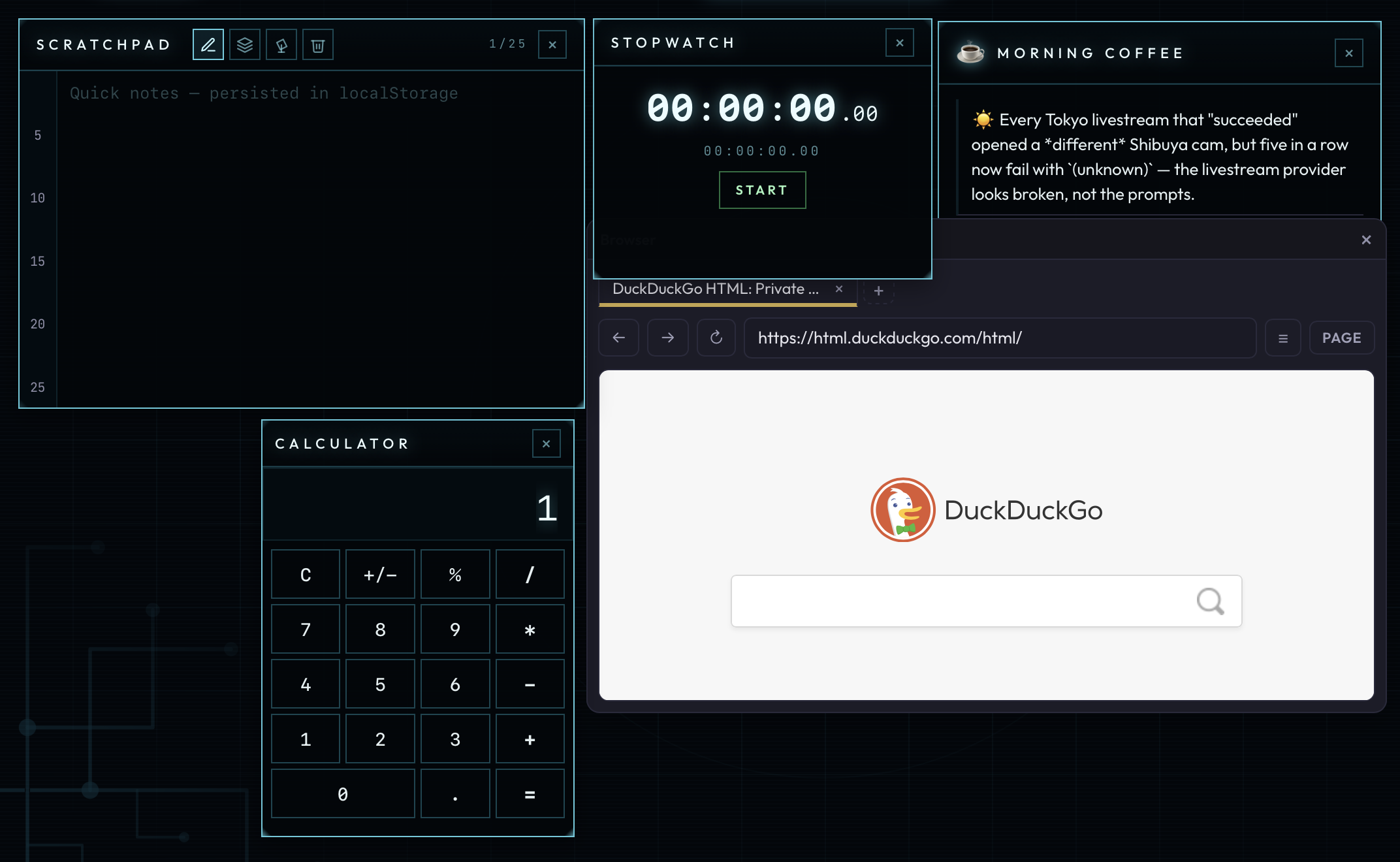 Many plug-in cards open at once across the OS-mode workspace