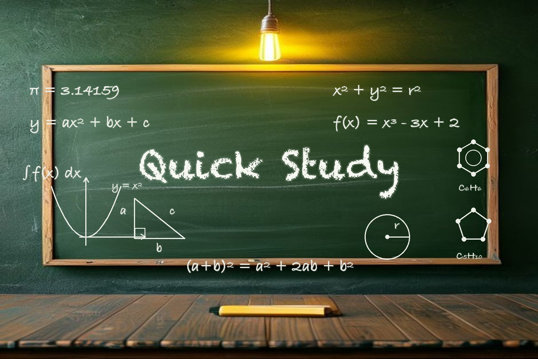 A green chalkboard framed with chalk sketches — equations, geometry, a glowing lightbulb — with 'Quick Study' written across the centre