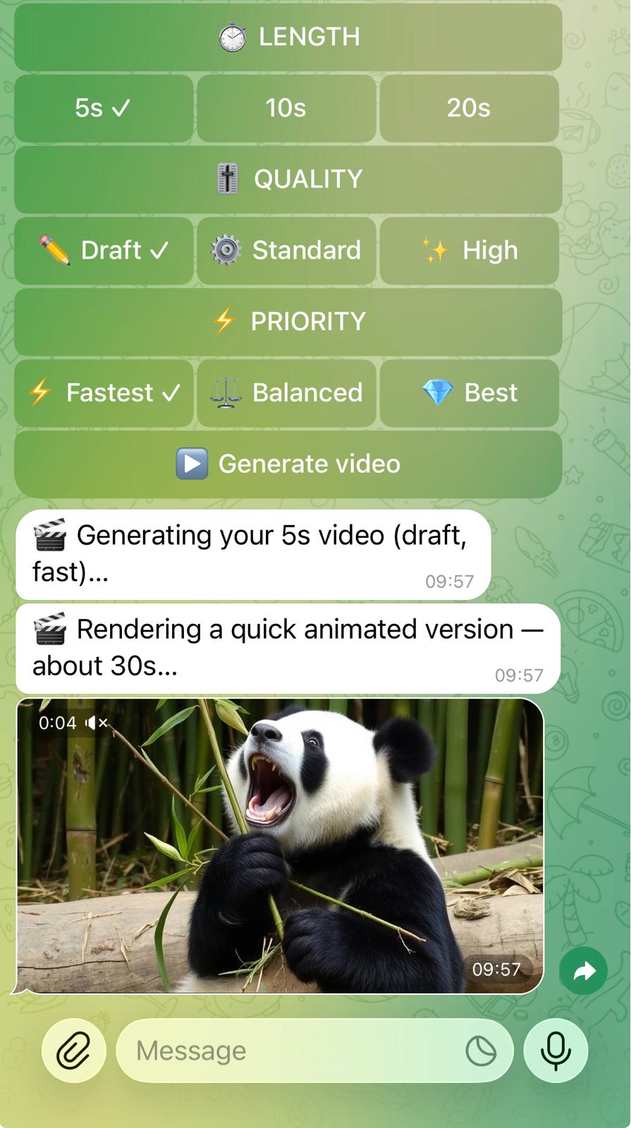The Telegram video form set to 5s, Draft, Fastest, then a generated panda video delivered in five seconds.